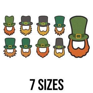May include: A series of cartoon leprechaun faces, each with a green hat and a beard in shades of orange or yellow. The text "7 SIZES" is displayed in black, suggesting different size choices for the design.