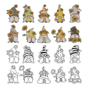 May include: A collection of twenty gnome illustrations arranged in four rows. The top two rows feature gnomes in vibrant colors with sunflowers, while the bottom two rows display the same designs in black and white line art for embroidery.