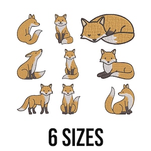 Peut inclure: Plusieurs broderies de renards dans diverses poses, debout, assis et endormis. Les renards sont dans des tons orange et marron, avec des contours noirs. Le texte "6 SIZES" est affiché en gras, en noir.