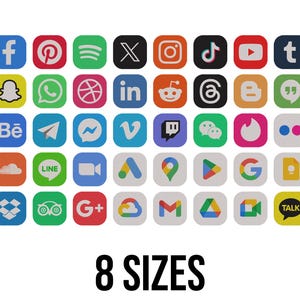 May include: A grid of colourful social media icons, such as Facebook, Instagram, and Twitter. Each icon represents a different platform. The text "8 SIZES" is displayed below the icons, indicating the availability of different sizes.