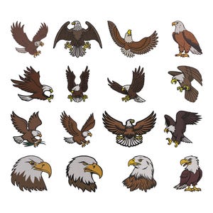 May include: A collection of sixteen illustrations of eagles in various poses. The eagles are depicted in shades of brown, with white and yellow accents. Some eagles are shown in flight, while others are perched or in profile.