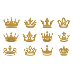 May include: A collection of twelve gold-colored crown illustrations, each with a unique design. The crowns vary in shape and detail, with some featuring ornate embellishments and others with simpler, elegant lines. All crowns are set against a clean white background.