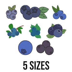 Puede incluir: Una ilustración de varios racimos de arándanos, cada uno con una disposición y estilo únicos. La imagen incluye arándanos con hojas y tallos verdes. El texto "5 SIZES" se muestra en una fuente negra en negrita en la parte inferior de la imagen.