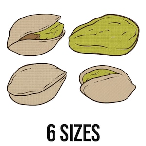 Puede incluir: Ilustración de pistachos, algunos pelados y otros en sus cáscaras, en tonos verdes, marrones y beige. El texto "6 SIZES" se muestra en negrita negra en la parte inferior de la imagen.