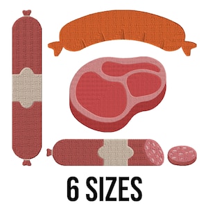 May include: An illustration of various meat products, including a steak, sausage, and a slice of salami. The image features a red and orange color scheme. The text "6 SIZES" is displayed in black.