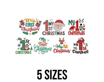 May include: A collection of Christmas-themed designs with the text "My 1st Christmas" and "My First Christmas". The designs include Santa Claus, reindeer, and festive decorations. The text "5 SIZES" is also displayed.