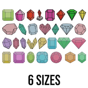 Puede incluir: Ilustraciones de gemas coloridas y estilizadas en varias formas, incluyendo corte esmeralda, corazón y diamante. La imagen incluye el texto "6 SIZES" en negrita y fuente negra, sugiriendo opciones de tamaño para las gemas.