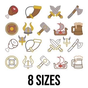 Può includere: Illustrazioni a tema vichingo in stile cartone animato. L'immagine include una coscia di tacchino arrosto, corni potori, spade incrociate, asce, scudi, elmi, martelli, navi vichinghe e boccali di birra. Il testo "8 SIZES" è in basso.