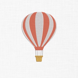 Puede incluir: Un globo aerostático rojo y blanco a rayas con una cesta amarilla. El globo flota en el aire.