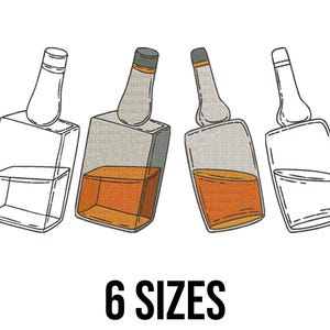 Pode incluir: Ilustração de quatro garrafas em forma de decantador, duas preenchidas com líquido âmbar. As garrafas têm uma base retangular e um topo arredondado. O texto "6 SIZES" é impresso em negrito, em preto.