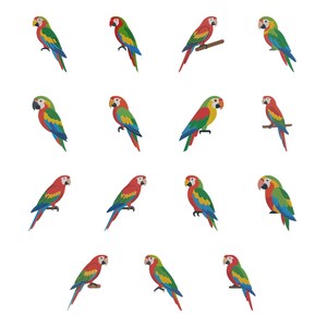 May include: A collection of fourteen embroidered parrot patches arranged in a grid. Each parrot features vibrant red, green, yellow, and blue thread work, depicting the birds in various perched positions with detailed wings and tail feathers.