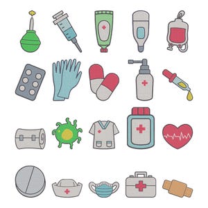 Puede incluir: Una colección de ilustraciones con temática médica. Incluye una pera de enema verde, jeringa, tubo de pomada, termómetro, bolsa de goteo, blíster, guantes, cápsulas, pulverizador, gotero, venda, germen, uniforme, frasco de medicina, monitor cardíaco, pastilla, gorro de enfermera, mascarilla y botiquín.