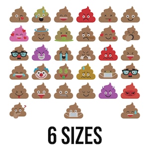 Puede incluir: Colección de diseños de emojis de caca bordados con diversas expresiones y colores. Los emojis representan emociones como la alegría y la ira. El texto "6 TAMAÑOS" se muestra debajo.