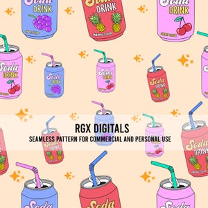 Fun Soda Cans Illustrated Pattern, cute Seamless Repeat Pattern, Backgrounds, Printable Digital Wrapping Paper, Digital Art Supplies