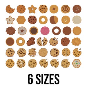 May include: An assortment of illustrated cookies in various shapes and styles, including chocolate chip, star-shaped, and spiral designs. The image features the text "6 SIZES" in bold, black font at the bottom.