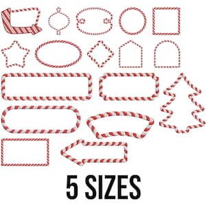 May include: A collection of red and white striped rope frames in various shapes, including circles, squares, and stars. The text "5 SIZES" is displayed below the frames, indicating different size options for the designs.