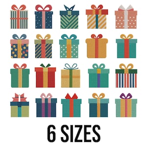Peut inclure: Une collection de boîtes cadeaux colorées avec divers motifs et nœuds en ruban. Les boîtes sont dans des tons de bleu, vert, orange et rose, avec des rayures, des pois et d'autres motifs. Le texte "6 SIZES" est affiché en dessous.