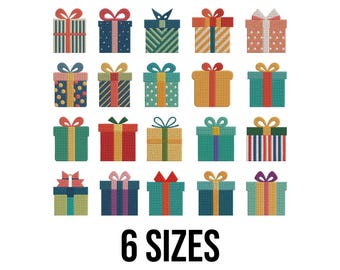 Op de afbeelding: Een verzameling kleurrijke cadeau dozen met verschillende patronen en strikken. De dozen zijn in tinten blauw, groen, oranje en roze, met strepen, stippen en andere ontwerpen. De tekst "6 SIZES" staat eronder.