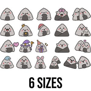 May include: A collection of embroidered onigiri designs with various expressions and accessories, including a witch hat, Santa hat, and party hat. The text "6 SIZES" is displayed below the designs.