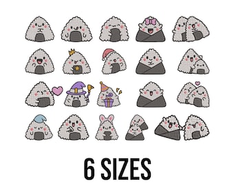 Pacote de design de bordado fofo de onigiri com diferentes poses - Design de bordado de sushi - Arquivos de design de bordado à máquina de bolinhas de arroz - 6 tamanhos