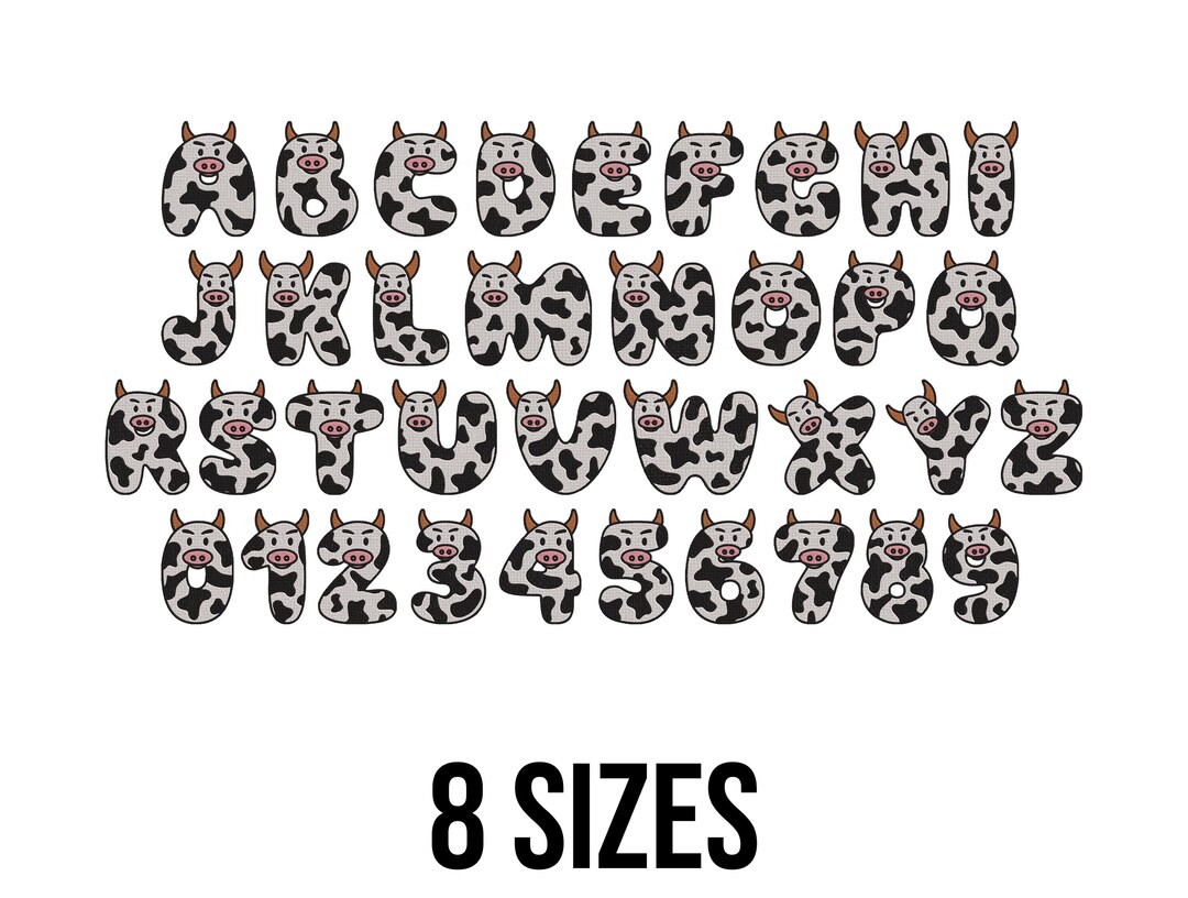 Cow Font Embroidery Design - Cute Mini Cow Face Font Alphabet Letters ...