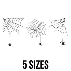 May include: Black and white illustration of three spiderwebs with spiders hanging below. The text "5 SIZES" is displayed in bold, black font at the bottom of the image. The spiderwebs are in different orientations.