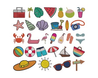 Beach Set Embroidery Design - Summer Set Embroidery Design- Watermelon Sea Shells Umbrella Flamingo Machine Embroidery Design Files -6 Sizes