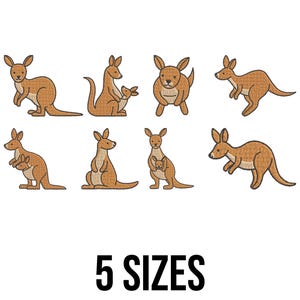 May include: A collection of embroidered kangaroo designs in various poses and sizes, rendered in shades of brown and tan. The text "5 SIZES" is displayed in bold, black font at the bottom, indicating the availability of different size options.