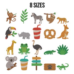 May include: A collection of colorful cartoon animal and object illustrations, including a monkey, zebra, sloth, cheetah, toucan, rhino, drink cup, pretzel, kangaroo, giraffe, frog, ostrich, crocodile, koala, and a sign. The text "8 SIZES" is at the top.