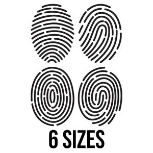 Puede incluir: Cuatro diseños de huellas dactilares en blanco y negro de diferentes tamaños. El texto "6 TAMAÑOS" está debajo de los diseños.