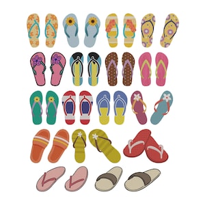 Könnte beinhalten: Eine Sammlung bunter Flip-Flops in verschiedenen Designs. Die Flip-Flops weisen Blumen-, Tupfen- und Streifenmuster in Gelb-, Rosa-, Blau-, Grün- und Rottönen auf. Das Bild zeigt eine Vielzahl von Stilen, die für den Sommer geeignet sind.