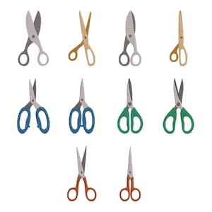 May include: A collection of ten pairs of scissors arranged in three rows. The scissors feature various handle colors including grey, gold, blue, green, and orange, with textured metallic blades and handles in different shapes and sizes.