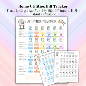 May include: A printable home utilities bill tracker with the text "Home Utilities Bill Tracker" and "Track & Organise Monthly Bills." The design includes colourful sections for tracking bills, with icons representing utilities and a house graphic.