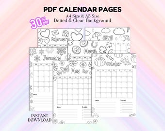 Calendario imprimible de 12 meses / Páginas de planificador para colorear / Páginas de diario imprimibles / Bullet Journal 2025 / Planificador mensual / Plantilla de calendario