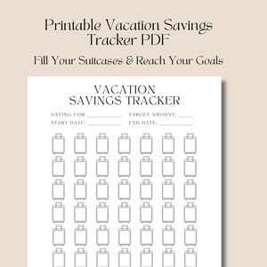 May include: A printable vacation savings tracker PDF with a suitcase design. The tracker has sections for saving for, start date, target amount, and end date.