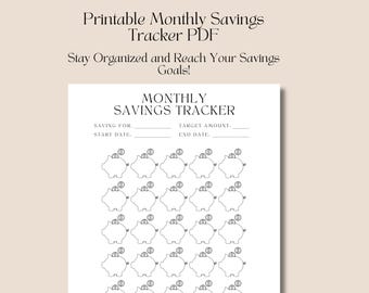 May include: A printable monthly savings tracker PDF with a black and white illustration of piggy banks. The text "MONTHLY SAVINGS TRACKER" is at the top of the page. The text "SAVING FOR", "START DATE", "TARGET AMOUNT", and "END DATE" are listed below the title.