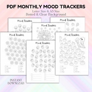 月間ムードトラッカー、ジャーナルトラッカー、ジャーナルインサート、デジタルプランナーページ、ジャーナルページ、クリアおよび事前記入済み、レターおよびA5、トラッカー