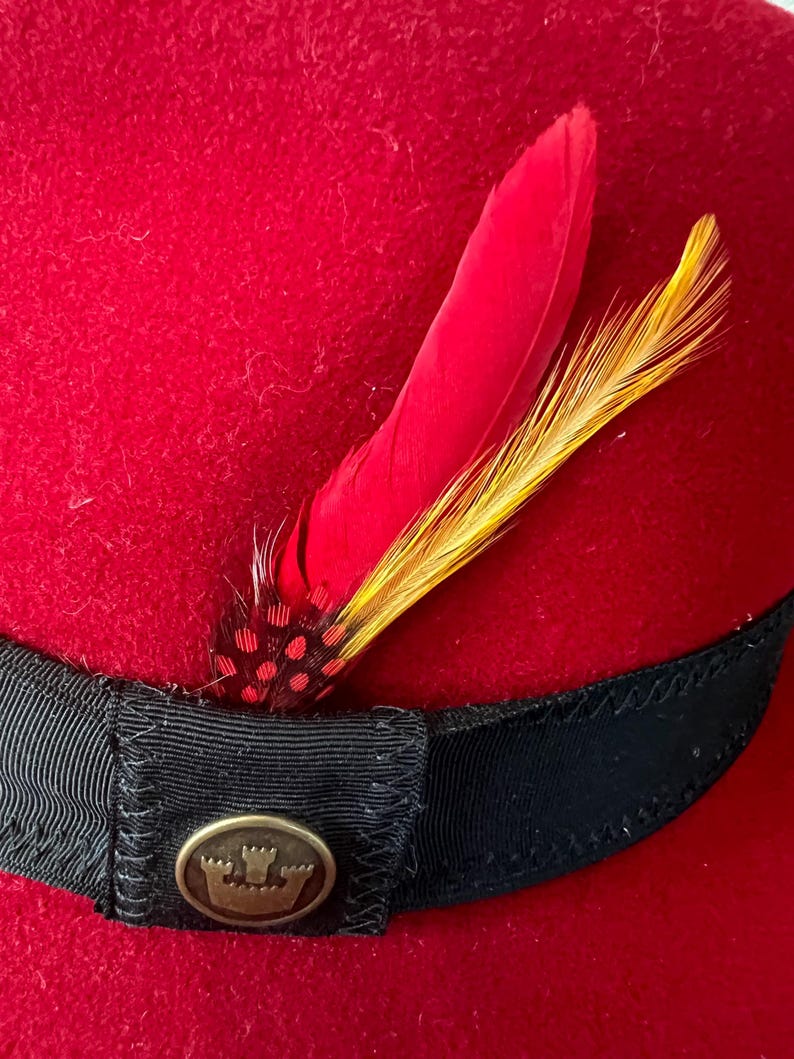 Peut inclure: Un chapeau fedora rouge vif avec un ruban en gros-grain noir. Le chapeau est orn&eacute; de deux plumes, une rouge et une jaune. Un embl&egrave;me m&eacute;tallique dor&eacute; avec un motif de couronne est fix&eacute; au ruban.