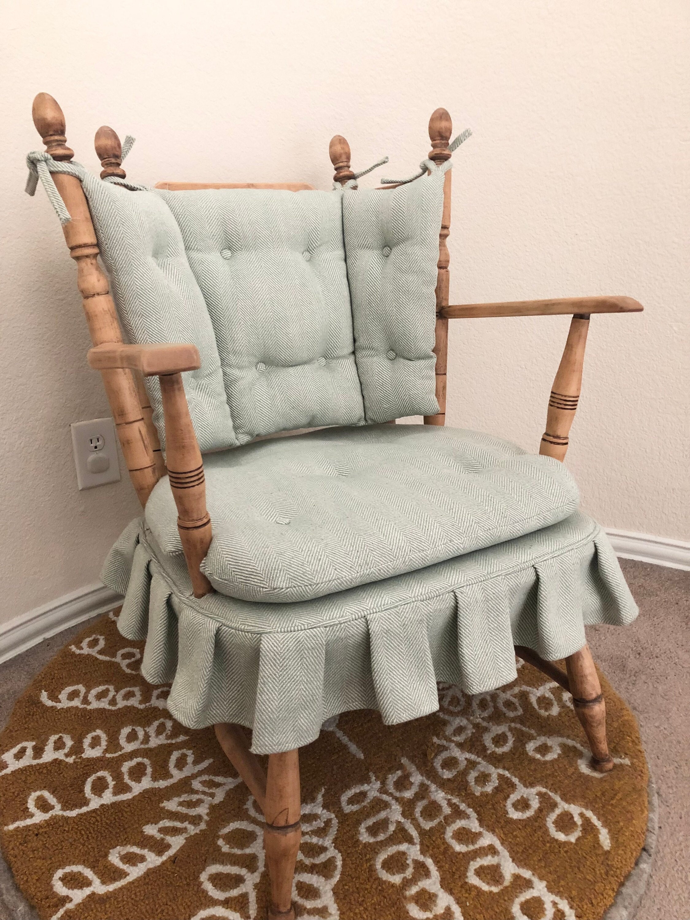 Antique Upholstered Green and White Herringbone Tweed Rocking