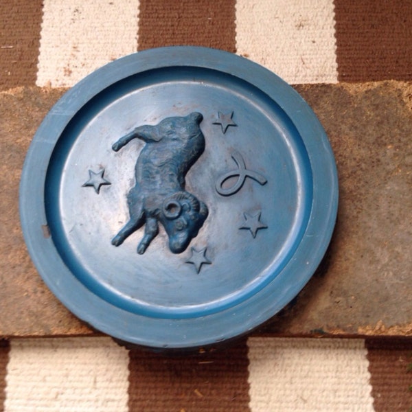 Antique Rare Blue Zodiac Pewter Mold Plate of Horoscope Aries Ram.  Astrology Wall Art.  Birthday.