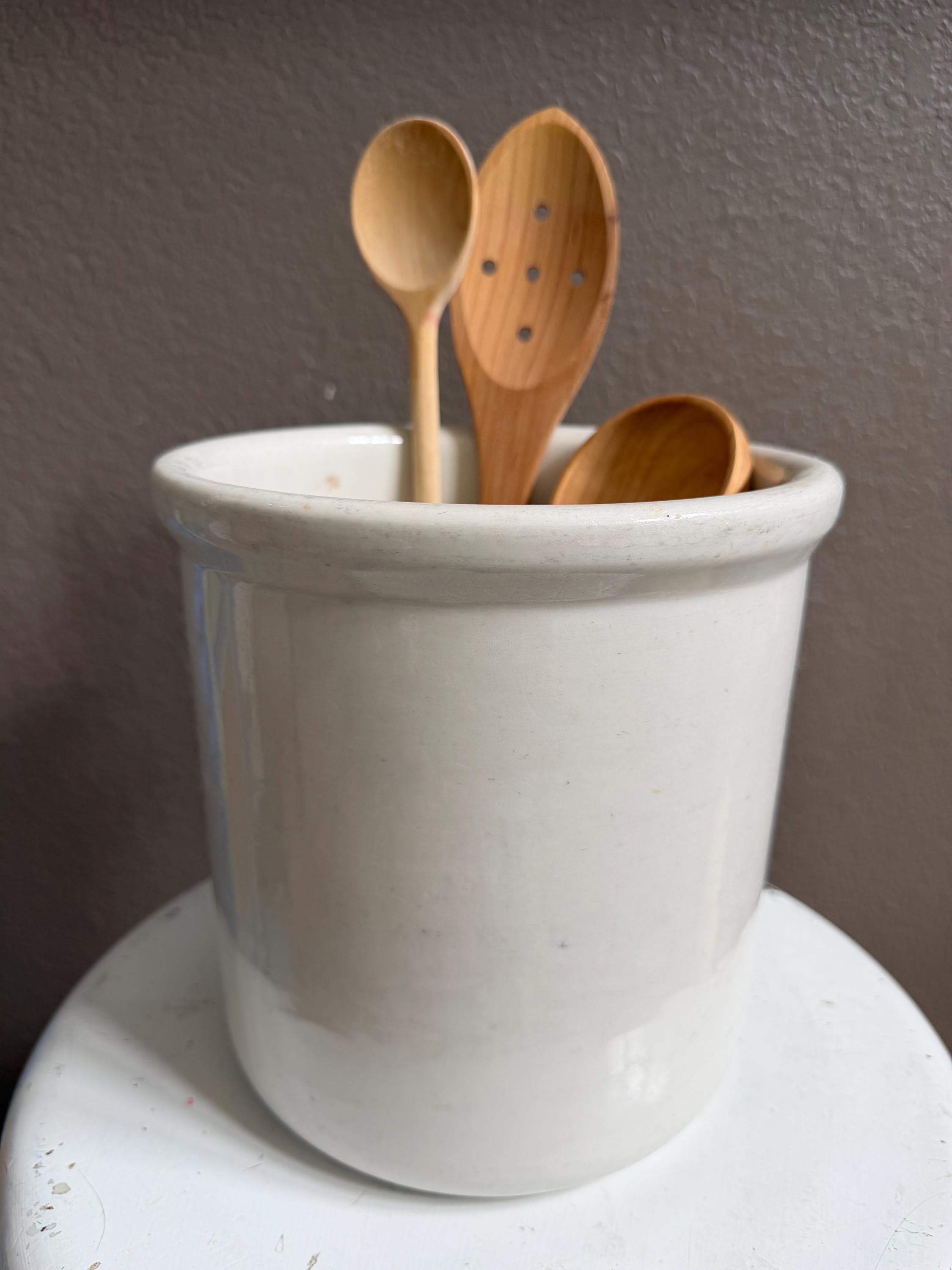 Antique Vintage White Solid Ironstone Crock or Utensil Holder