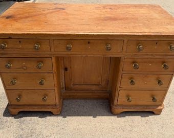 Antique 1800s English Pine Knee Hole Desk. Vintage Wooden Cabinet Sideboard