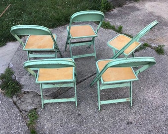 Vintage Industrial Mint Seafoam Green Kid's Folding Chair. Antique