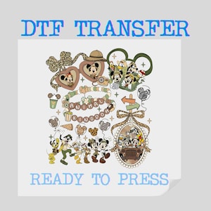 May include: DTF transfer design featuring Mickey Mouse and friends with the text "ANIMAL KINGDOM". The design includes a bracelet, hearts, and arrows. The words "DTF TRANSFER" and "READY TO PRESS" are also visible.