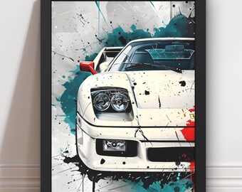 May include: A white Ferrari F40 sports car with red accents, partially obscured by blue and black paint splatters. The car is facing the viewer, and the front headlights and grille are visible.