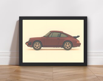 May include: Framed print of a maroon sports car with a black spoiler. The car has tan wheels and is set against a cream background. The framed print is displayed on a wooden floor.