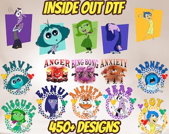 May include: A collection of "Inside Out" DTF (Direct to Film) transfer designs. The image features various characters and phrases from the movie, including "Envy," "Anger," and "Sadness." The text "450+ Designs" and "Customizable Designs" is also visible.