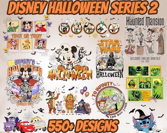 May include: A collection of Disney Halloween Series 2 DTF (Direct to Film) transfer designs. The image features various Halloween-themed graphics with characters like Mickey Mouse, Star Wars characters, and Haunted Mansion designs. The text reads "550+ Designs" and "Customizable Designs."