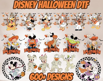 May include: A collection of Disney Halloween DTF (Direct to Film) transfer designs. The image features various Disney characters dressed in Halloween costumes, with the text "READY TO PRESS DTF TRANSFER" and "600+ DESIGNS" visible.