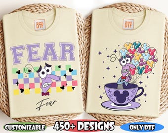 May include: Two light yellow t-shirts with DTF transfers. One features the word "FEAR" and a cartoon character. The other shows the same character in a teacup with balloons. Text includes "READY TO PRESS DTF TRANSFER", "CUSTOMIZABLE", "450+ DESIGNS", "INSIDE OUT DTF", and "ONLY DTF".